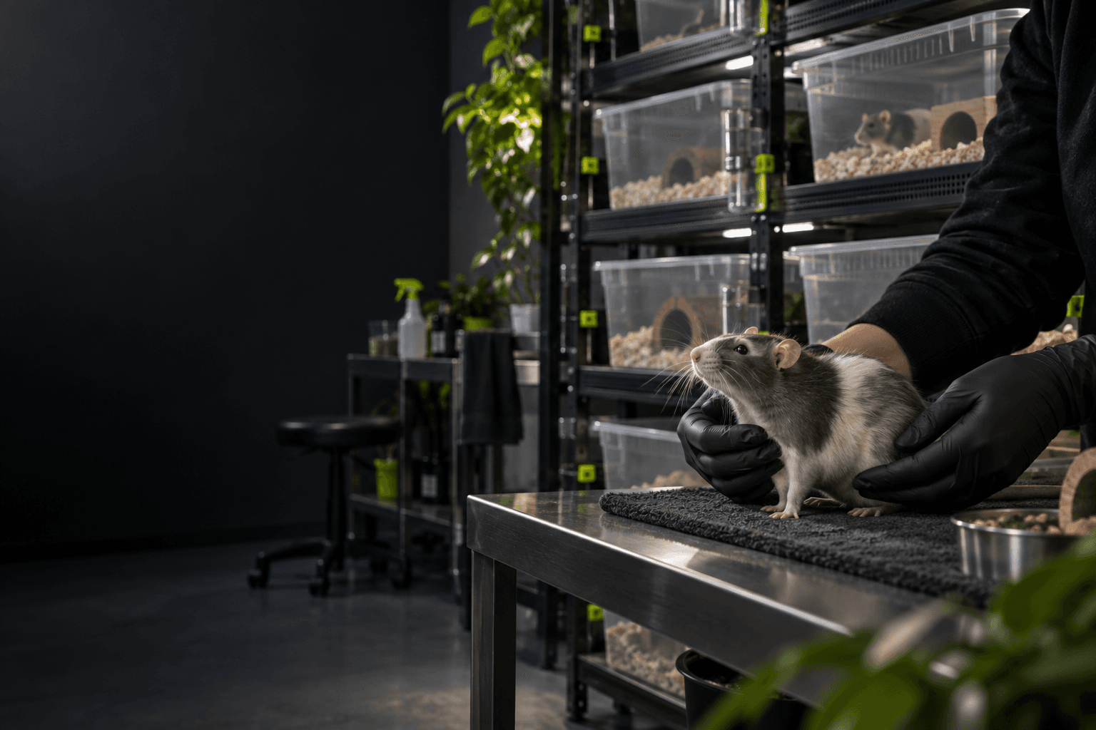 A rattery operator gently checking a healthy rat beside organized enclosures